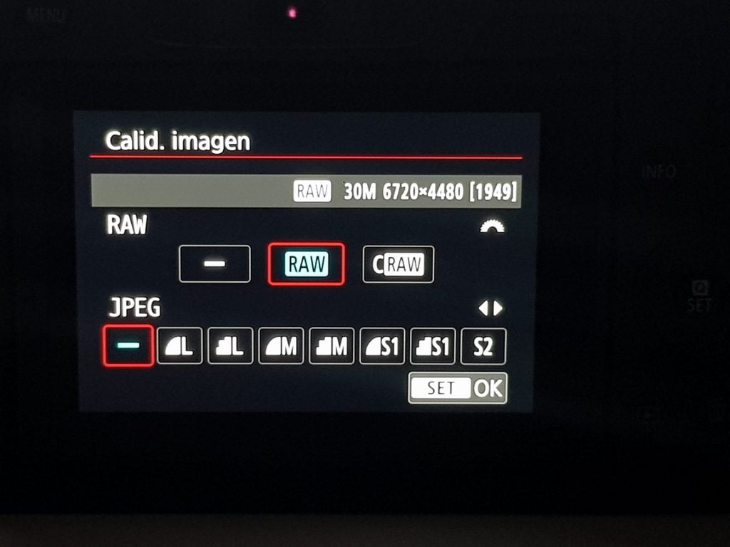 Menú calidad de imagen Canon EOS R Raw + jpeg fotografía de paisaje