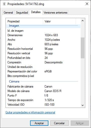 datos exif de una fotografía en el explorador de windows