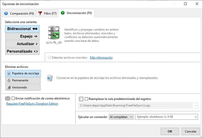 opciones de sincronización de FreeFileSync bidireccional copia en espejo actualizar carpetas
