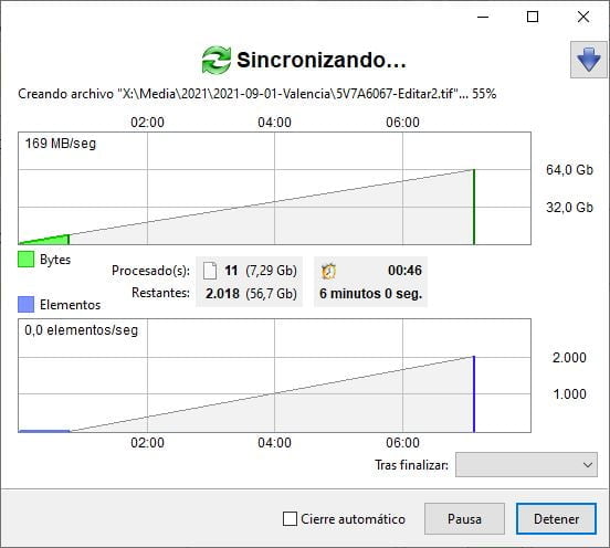 Ventana de progreso del programa FreeFileSync